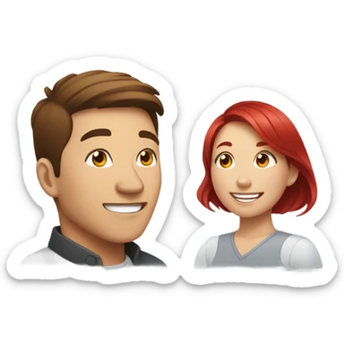An Asian man with brown hair and an Asian woman with red hair are lying on their stomachs on a bed, smiling and talking. sticker