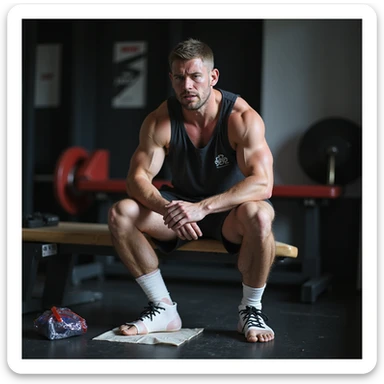 Powerlifter in competition clothing, sitting on bench with swollen and bandaged ankle, frustrated expression, ice bag nearby, injury atmosphere, realistic details, locker room background. sticker
