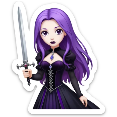 A gothic princess with long purple hair, in a black velvet dress, holding a silver dagger. sticker
