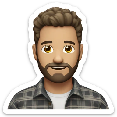 white man with dark brown fade hair cut and facial hair, wearing a plaid shirt sticker