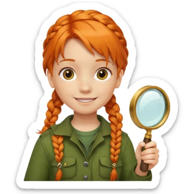 braid orange haired girl kid in moss green explorer outfit, holding magnifying glass, smile sticker