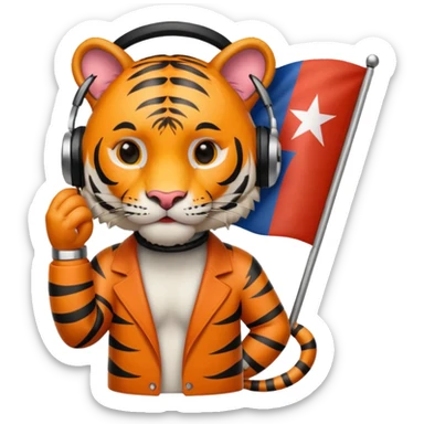 Quiero un tigre mezclado con la bandera cubana. Porque no apodan el tiger y soy de cuba. 
Quiero un tigre asi cubano pero con unos audífonos de dj, además un tigre fuerte y con cara de tigre agresivo bueno eso no. Mejor un tigre feroz con una audífonos de dj o una mesa de dj sticker