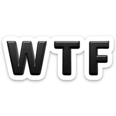 The letters only "W T F" In black color shiny bold font, transparent background, isolated, 3d rendering sticker