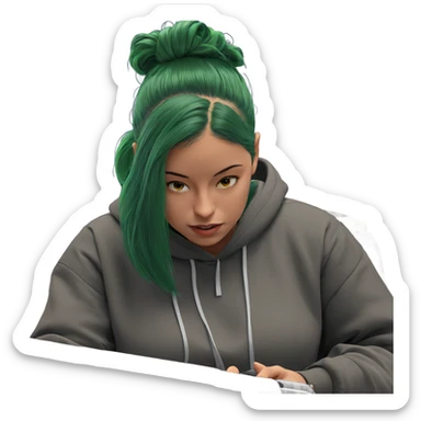 girl with green hair holding phone sticker