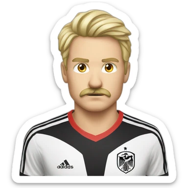 face man serious expresion blonde hair long hair blonde moustache wearing a germany soccer shirt sticker