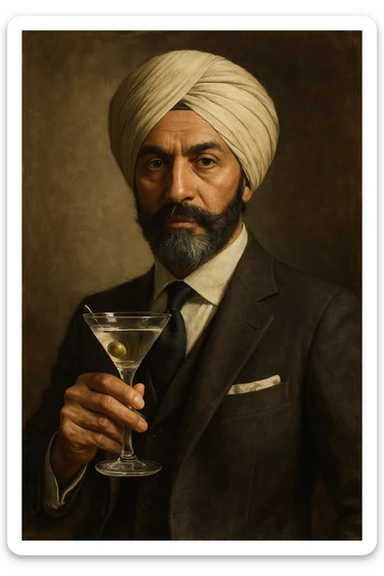 A man with a turban holding a glass of martini sticker