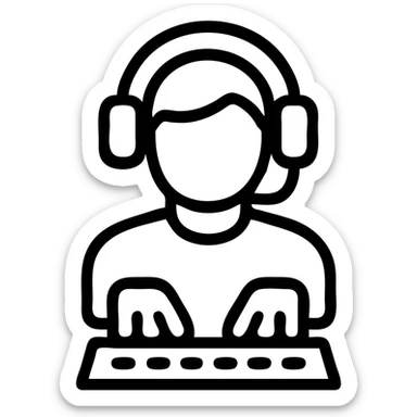 icon of a software engineer with headphones, typing on a keyboard, outlined style sticker