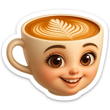 Edita la imagen para que el personaje de la taza de café  MANTENGA exactamente su estilo original,  y colores según la imagen de referencia. ELIMINA FONDO PARA QUE QUEDE TIPO EMOJI NO DBE TENER CUELLO.EL AZA O MANGA DE LA TAZA  DEBE SER COMPLETAMENTE VISIBLE sticker