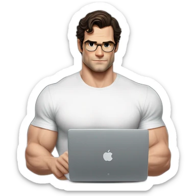 front view of henry cavill clark kent wearing white t-shirt using a laptop sticker