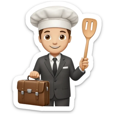 Chef wearing a suit and tie with a chef hat, holding a spatula in one hand and a briefcase in the other, friendly smile sticker