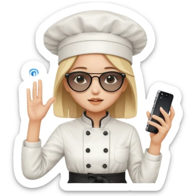 [b"A sad wooman with loight skin,k straight  hair, weawring a chehf hat andi sunglassels, dressee in K-pop  fashion, his dancino while hollding a phdone."] sticker