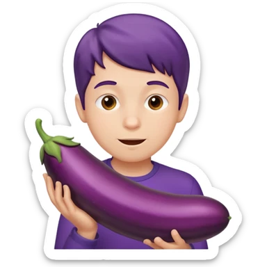 a boy eating a HUGE eggplant sticker