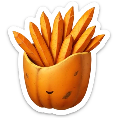 sweet potato fries, two or three, thick-cut, orange interior, golden-brown edges, natural texture, curves, rustic, warm, crispy outside, soft inside, no plate, dip, garnish, or faces, clean 3D, soft shadows, transparent background, emoji scale sticker
