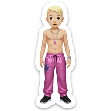 Chester Bennington with blonde hair, dark pink sequin baggy pants, shirtless with necklace sticker