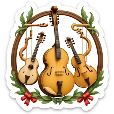 Design a sophisticated, festive, and professional emblem-like emoji representing both plucked and string instruments. The composition should resemble a heraldic crest, featuring a harmonious blend of instruments like a banjo, mandolin, domra, sitar, and others. The necks of these instruments should intertwine gracefully with a flowing ribbon of musical notes, wrapping around the strings and headstocks. The instruments should be artistically detailed, with decorative fretboards, intricate inlays, and ornate carved elements. The overall design should evoke a sense of elegance and craftsmanship, with a color palette of gold, deep wood tones, and rich accents. Include subtle highlights to create depth and dimension, with ornamental flourishes like laurel branches or swirling patterns around the central instruments. The background should be transparent to allow the emblem to stand alone. sticker
