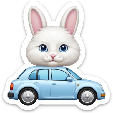 Please create a small emoji the size of 🚗 featuring a pure white cat with bunny tail with blue eyes on a white saloon car viewed from side. Again it is necessary that the emoji must be extremely small, much smaller than a standard sized sticker. sticker