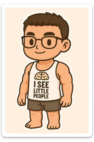 Full body illustration of a young, strong man with short dark hair and glasses, wearing a white gym tank top with the phrase 'I SEE LITTLE PEOPLE' and dark shorts. The style is cute, cartoon, and simplified like chibi stickers, showing the entire body including feet, with bold black lines and soft colors. sticker