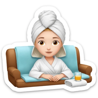 spa A contented and relaxed girl with a towel on her head in a white robe lies on a couch. The icon displays the couch and the girl in full three-quarter view. sticker