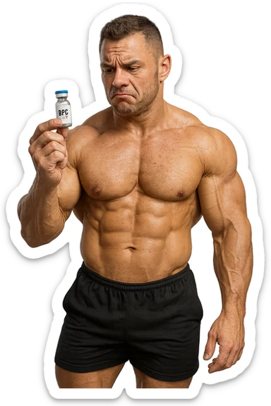 BODYBUILDER A FIGURA INTERA CHE TIENE IN MANO UNA FIALA MEDICA CON la scritta "BPC 157" SULL'ETICHETTA E LA GUARDA DUBBIOSO, iperrealistico 4k sticker