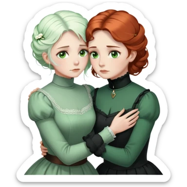 Two Victorian women with light green eyes in a sad, intimate embrace. One has bright white coiffed hair, the other has dark copper coiffed hair. Both wearing Victorian turtleneck dresses, hugging tightly sticker