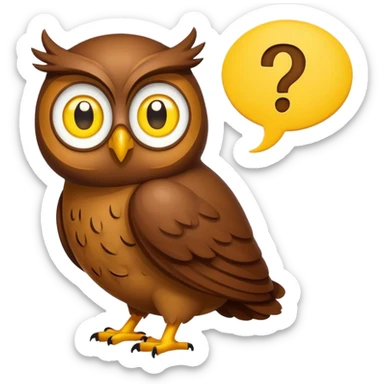 Small all Brown owl with a yellow question mark inside a thought bubble sticker