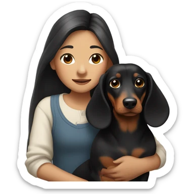 an Asian girl with long hair, hugging a black and tan long haired dachshund with a branch in its mouth sticker
