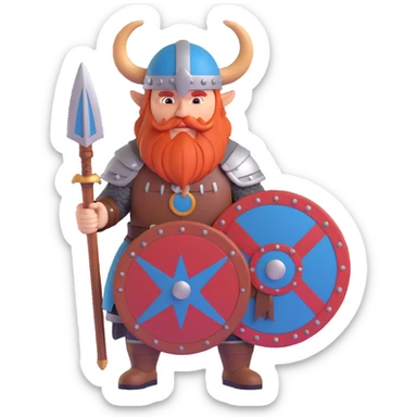 Norwegian Viking with red beard and helmet with horns. Holds a round shield with Norwegian pattern sticker