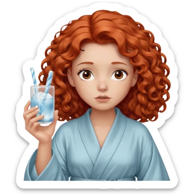 Cartoon emoji of a girl with voluminous curly red hair, fair skin, warm brown eyes. Wearing a chic milky silk robe with long sleeves, no makeup. Portrait mode, holding a ice cube, looking doubtful and unsure. Smooth, simple, stylized." sticker
