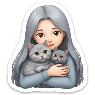 A long-haired girl hugs a silver-gray British shorthair cat sticker