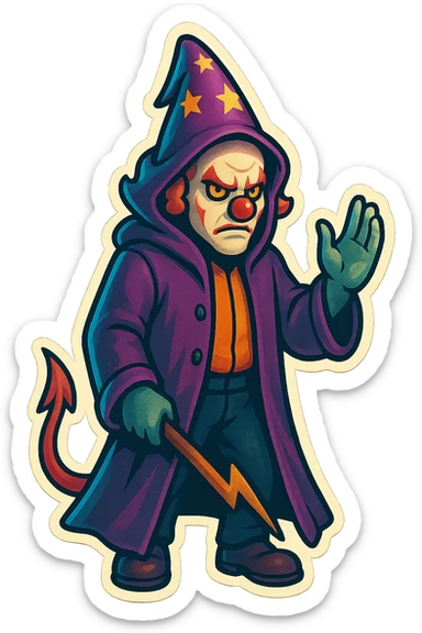 evil clown wizard in a 3/4 length unbuttoned coat with a hood, calm and serious, gesturing with one hand, mouth closed, no pentagram, no robe, no spells, visible tail sticker