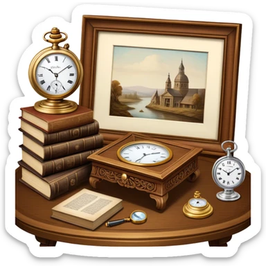 Icon for Antiques Collecting: antique carved  table, a vintage pocket watch and a porcelain figurine, all placed on a wooden antique carved table surrounded by aged books and a magnifying glass. The icon should evoke the elegance and history of antique collecting. Transparent background. sticker