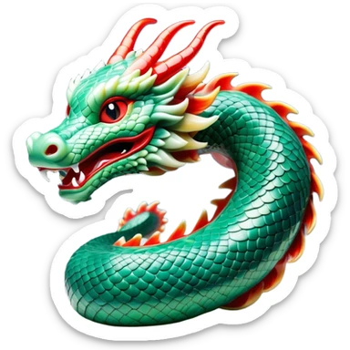 Cinematic Comical Chinese Serpent Dragon Portrait Emoji, Head tilted dramatically with an exaggeratedly amused expression, featuring a sleek, serpentine form adorned in luminous jade and vermilion scales interlaced with playful cloud and water accents; rendered with vibrant, lifelike textures and dynamic natural shadows, high shine, playful yet wise, styled with an air of cheeky ancient mystique, soft glowing outline, capturing the essence of a spirited and humorously enigmatic celestial dragon that looks ready to spiral into legendary lore! sticker