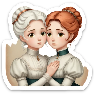 Two Victorian women with light eyes, one with white coiffed hair and one with copper coiffed hair, wearing Victorian high-neck dresses, embracing in a sad intimate hug sticker