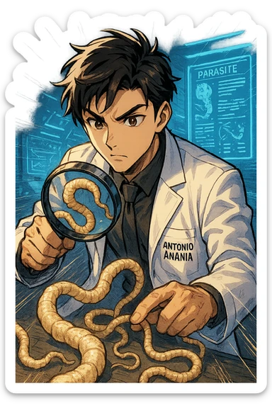 A dynamic manga/webtoon-style illustration of a young male kinesiologist wearing a clean white lab coat, analyzing light beige worms like a tapeworm under a magnifying glass. His expression is focused and slightly intrigued, with sharp, detailed eyes. The art style is vibrant, with bold linework, rich colors, and dramatic lighting. The background is a futuristic laboratory with glowing holographic screens displaying parasite data. The tapeworm is intricately drawn, slimy and segmented, with a slightly exaggerated yet realistic texture. The composition is dynamic, with motion lines or energy effects to emphasize his scientific investigation. The atmosphere is intense but not dark, keeping a balance between scientific seriousness and stylish manga aesthetics, he has "ANTONIO ANANIA" WRITTEN ON WHITE LAB COAT sticker