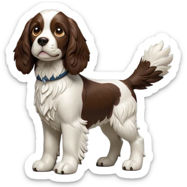 cinematic-[Springer Spaniel]-realistic-full-body-standing-emoji,-tail-resting-loosely-beside-its-paws,-head-tilted-dramatically, -scruffy-[brown and white]-fur,-simplified-yet-realistic-focused-features,-highly-detailed,-glowing-with-an-almost-sarcastic-glow sticker