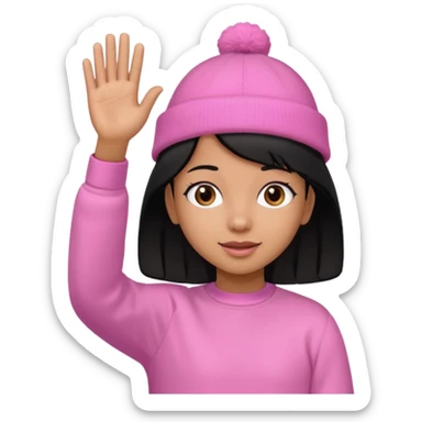 Kid in pink hat and jumper waving, black hair sticker