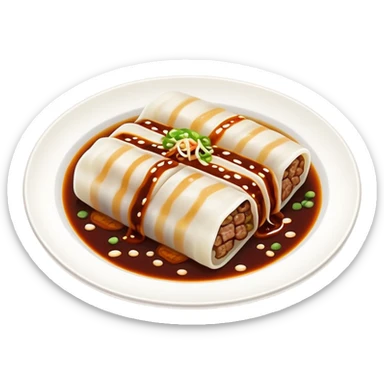 Beef rice noodle roll Ngau Yuk Cheung Fun with dark sauce drizzled on top, simplified emoji style with bold outlines and bright colors, cartoon style Cantonese street food sticker