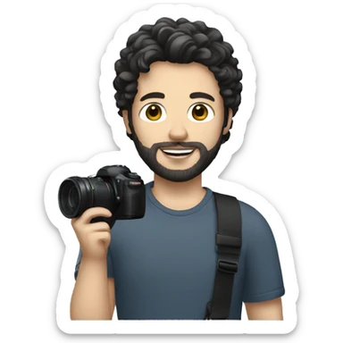 white man with blak curl hair and little beard holding camera  sticker
