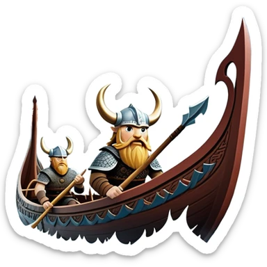 clash-of-clans-aesthetic_-cinematic-viking-longboat, rendered in a flat, bold vector style with minimal shading, featuring a striking dragon-headed prow slicing through icy, churning waters. shields on the side and vikings rowing The longboat’s intricately detailed shields and carved motifs evoke a sense of epic adventure and Nordic might, with billowing sails catching a dramatic, stormy sky backdrop. sticker