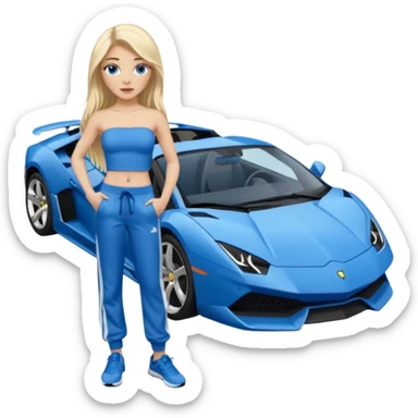 Blauer Lamborghini mit einem Mädchen mit sehr lamgem blonden Haaren und latina make up und blauen Himmel Augen daneben stehen und sie hat ein blaues Top ohne Träger anund eine blaue Joggingshose und blauen Adidas Schuhen sticker