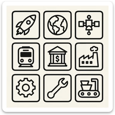 large resolution square minimal icons, space semiotic, black print on white background, square outline icons, sleek symbols, transportation, economy, engineering, industry. Designed for signage.  sticker