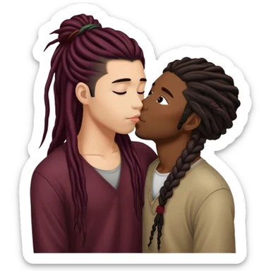 Dark Wine colored hair asian long hair, kissing young black guy with dreads sticker