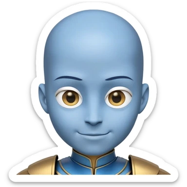 A stylized 3D cartoon character with blue skin and an oversized forehead—twice the size of the face. He has a smooth bald head with a light blue patch on top, golden eyes, and a sly, clever smile. Wearing a futuristic black and silver outfit with shoulder armor. Bust portrait, clean background. sticker
