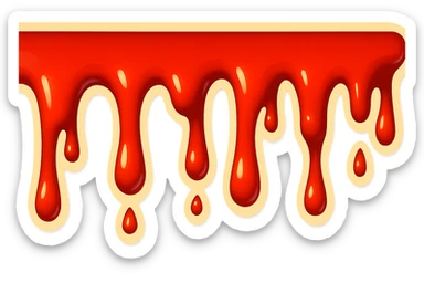 Render dripping blood in retro sticker style with drips of different lengths. The longest drip should be only half as long as in the previous render. The image should be three times longer horizontally while maintaining the same vertical height. Use a transparent background. sticker