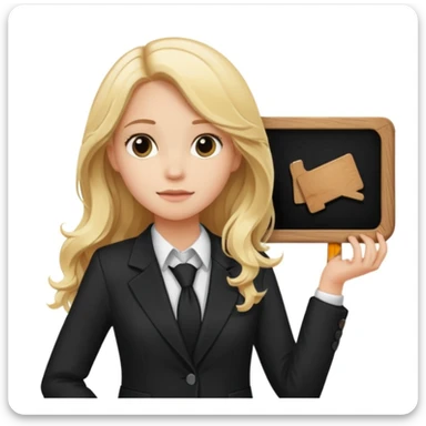 Blonde long wavy hair girl with black office blazer holding a wooden board with a sign 10/10 sticker