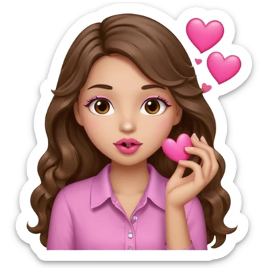 girl with long wavy brown hair, brown eyes, light to medium complexion, in a pink shirt, pink lips, long lashes, puckering up for a kiss, kiss lips and hearts in hand sticker
