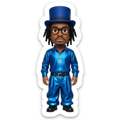 Flavor Flav with black hair, indigo top hat, black glasses, indigo metallic shirt, indigo metallic baggy pants, silver necklace sticker
