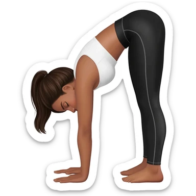 Девушка белокожая с правильным пропорциями тела стоит в позе собака мордой вниз, только человек, с длинными темными волосами, в коротком белом топе, в черных лосинах, с черными ресницами sticker