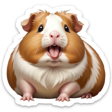 Cinematic Cute Yawning Brown and White Banded Guinea Pig Portrait Emoji, Head tilted slightly with a dramatic, wide-open yawn, revealing a soft, banded coat of brown and white with tiny, droopy ears, round dark eyes barely open in drowsy contentment, Simplified yet irresistibly adorable features, highly detailed, glowing with a soft, cozy glow, high shine, relaxed yet expressive, stylized with a touch of whimsy, bright and endearing, soft glowing outline, capturing the essence of a sleepy yet affectionate guinea pig, so drowsy it feels like it could stretch out of the screen and curl up for a nap! sticker