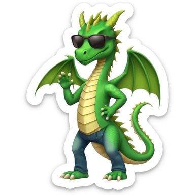 friendly anthropomorphised green dragon in a sports t-shirt and jeans wearing dark sunglasses walking upright sticker